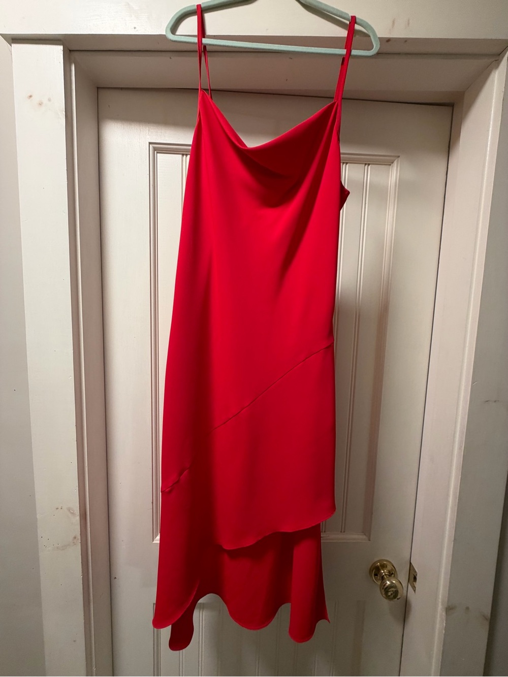 Amanda Uprichard Red Satin Slip Dress with Asymmetrical Hem